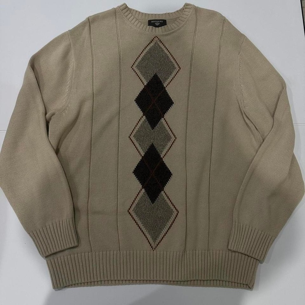 DOCKERS Knit Crewneck 100% cotton beige brown sweater men's X-Large